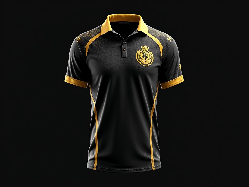 This image showcases a cricket jersey designed with a sleek black theme. The jersey features a hint of golden color, enhancing its elegance and appeal. It is tailored for both comfort and style, suitable for players and fans alike. The golden accents add a modern touch to the traditional cricket attire. Perfect for showcasing team spirit with a fashionable flair.