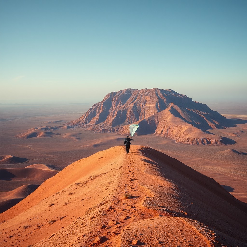 A solitary figure carrying a kite walks along a desert dune with a mountain in the background.