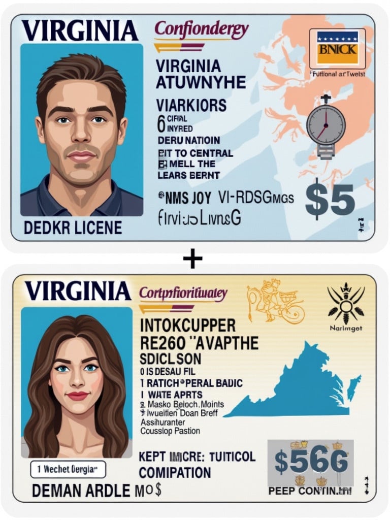 Design of a Virginia driver's license with standard ID features. Include bright colors and unique elements for visual interest. The design should ensure clarity and professionalism without visible personal information.