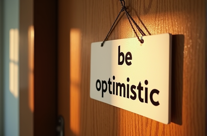 A sign saying 'be optimistic' hangs on a door, illuminated by warm sunlight.