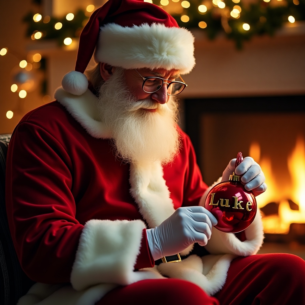 The image depicts Santa Claus in a cozy setting during the Christmas season. He is sitting near a warm fireplace, dressed in his classic red suit trimmed with white fur. Santa is carefully writing the name 'Luke' onto a shiny red bauble. The background features soft glowing fairy lights and a touch of seasonal decorations, creating a festive atmosphere. His glasses are perched on his nose as he focuses intently on his task, evoking a sense of warmth and holiday spirit.