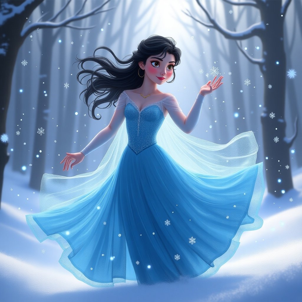 An illustration of a young woman with black hair and brown eyes playfully dancing in a snowy landscape. She is dressed in a blue gown that flows gracefully. The scene is filled with sparkling snowflakes, and soft lighting creates a mystical vibe.