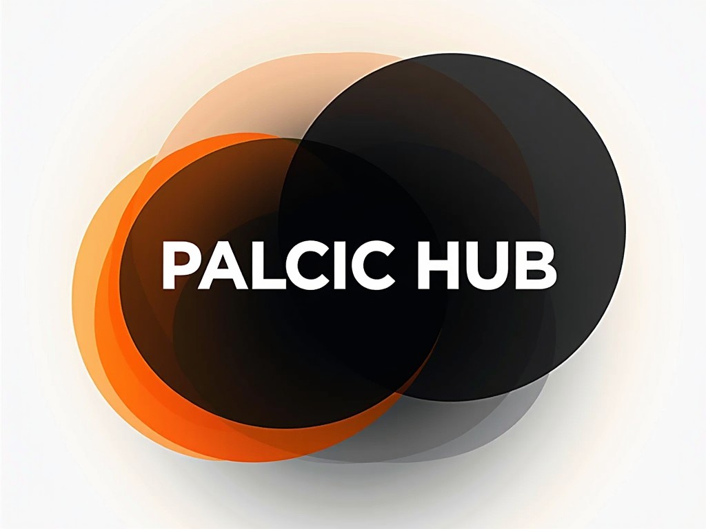 This image features a minimalist design with overlapping circles in varied shades of orange and black. The text 'PALCIC HUB' is prominently displayed in white, contrasting with the darker background circle. The overlap of colors creates a modern and dynamic visual, suggesting themes of connection and integration.