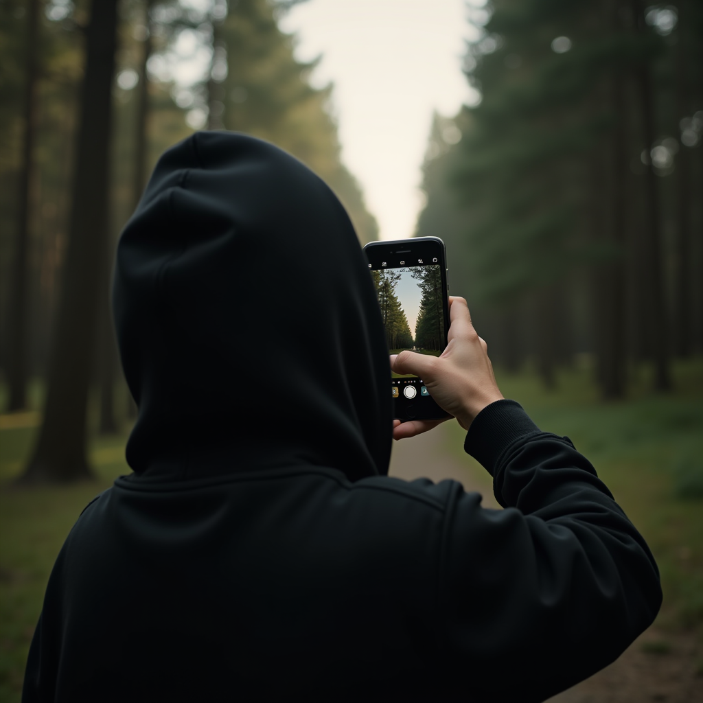 A person in a black hoodie photographs a path in a misty forest with a smartphone.