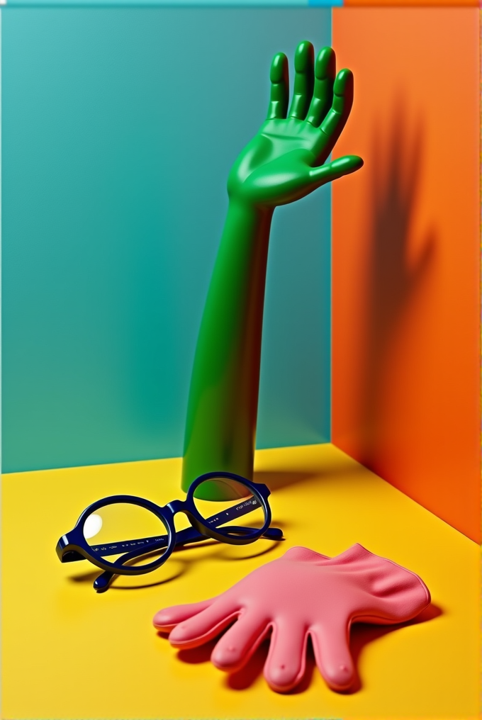 A surreal setup featuring a green mannequin arm, blue glasses, and a pink glove, set against a vibrant teal, orange, and yellow background.