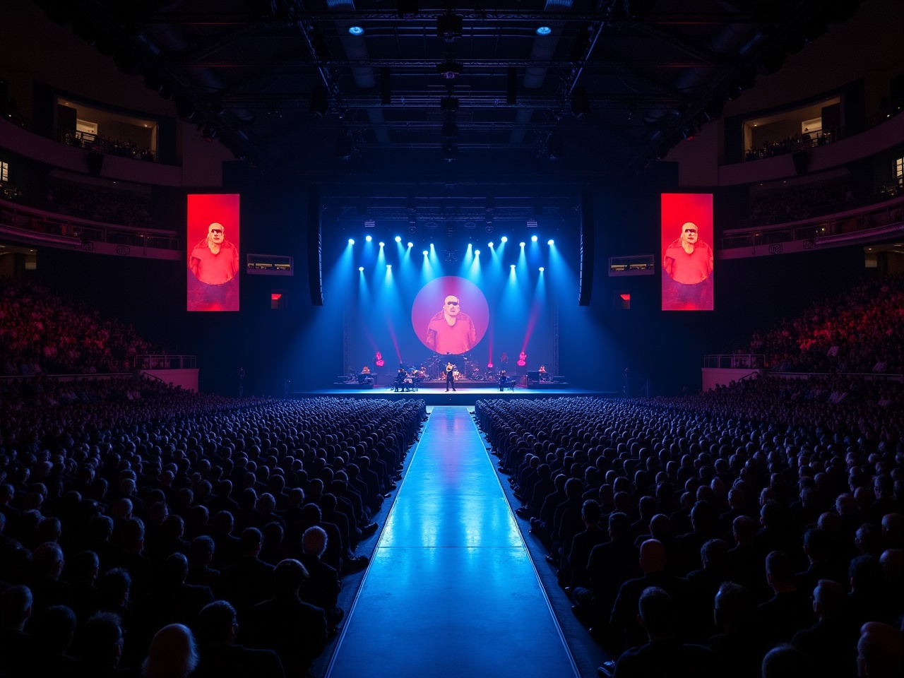 The image captures a dynamic concert scene featuring Roddy Ricch performing at Madison Square Garden. It showcases a large stage with vibrant lighting and a circular screen displaying the artist's image. The audience fills the arena, with a focus on the T-stage runway leading from the main stage towards the viewers. The atmosphere is electric, amplified by the blue and red light effects. The viewpoint is aerial, providing a unique perspective of the performance and crowd engagement.