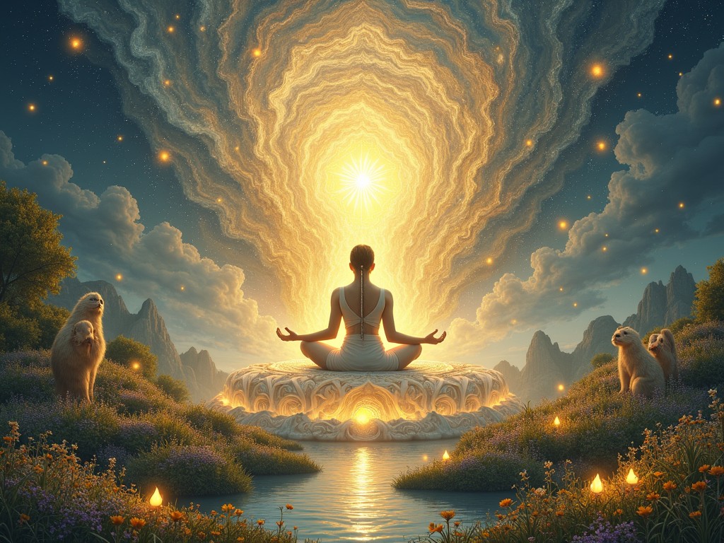 This image depicts a serene scene of a person meditating on a lotus pedestal, surrounded by ethereal landscapes with blooming flowers and serene animals. Above, a radiant star-like presence illuminates the figure, casting a celestial glow and creating swirling celestial waves in the sky. The tranquil water reflects the divine light, enhancing the spiritual ambiance.