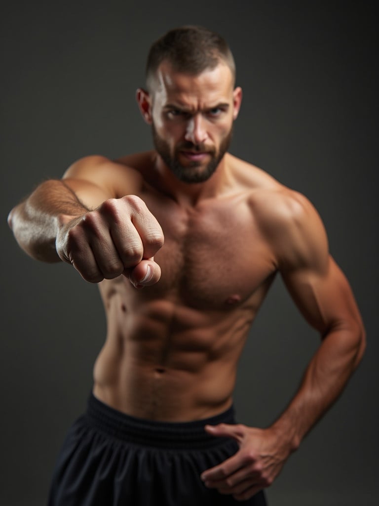 Muscular man poses with a strong fist moving toward the viewer. The body shows defined muscles in a dark setting. Strong lighting accentuates the muscles and create dramatic effect.