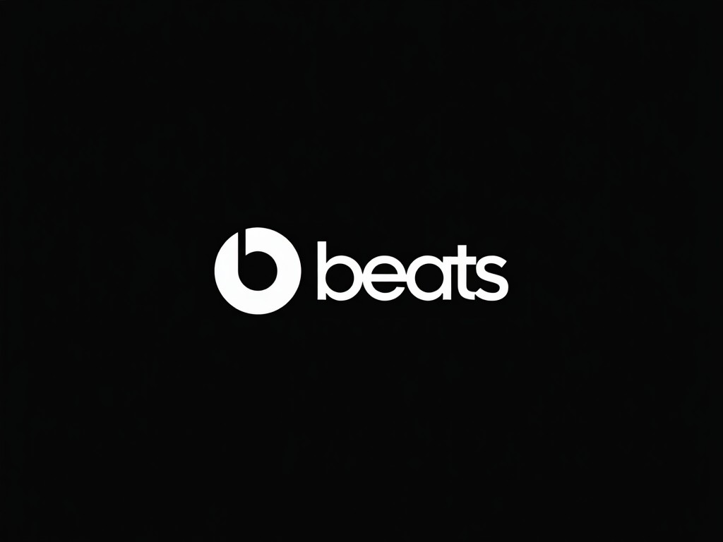 This image features a simple yet striking logo for the audio brand Beats. The logo is set against a solid black background, making it highly visible and impactful. The 'b' in the logo is a stylized design that captures attention with its sleek curvature. This branding is widely recognized in the consumer electronics market. The minimalist aesthetic communicates sophistication and modernity inherent in Beats products.