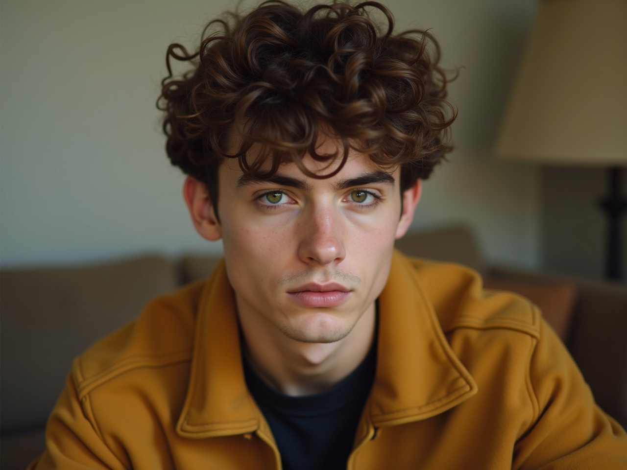 A young man with curly hair is sitting close to the camera. He wears a mustard-colored jacket and a black t-shirt underneath. His expression is serious and thoughtful, looking directly at the viewer. The background includes soft, blurred shapes that suggest a cozy indoor environment. The lighting is natural, highlighting his facial features and the texture of his hair.