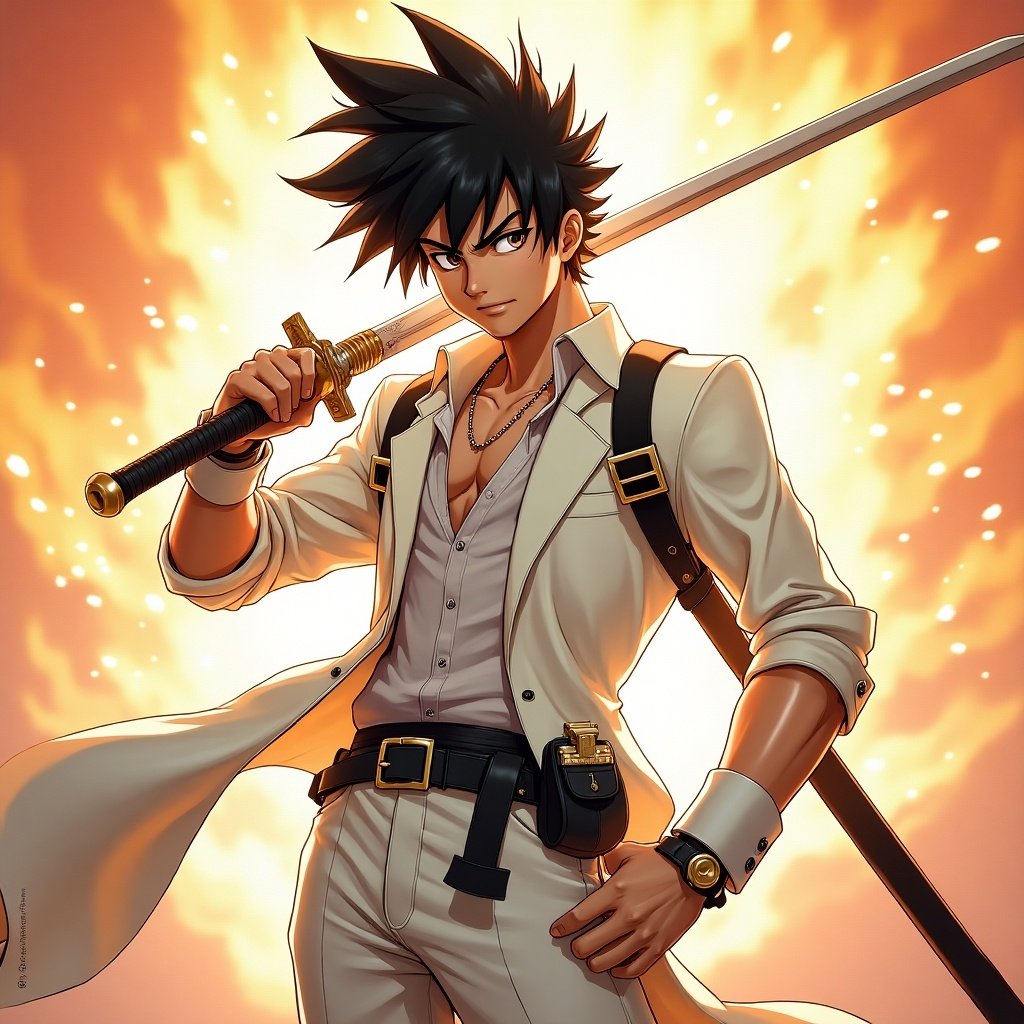 Teenage male character with spiky hair and two swords on his back. Dressed in a white suit with a handy belt. Dramatic pose against a fiery backdrop.