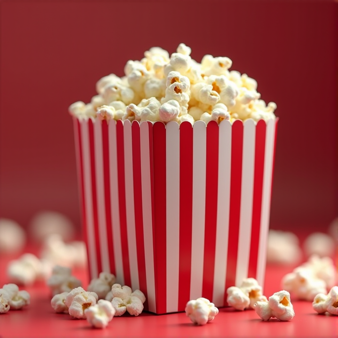 A striped box overflowing with freshly popped popcorn sits on a vibrant red background.