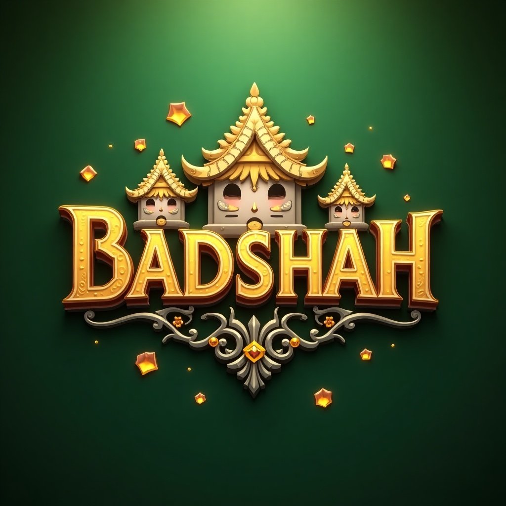 Golden letters forming the word BADSHAH on a green background. Blurry background. Features gold and silver shapes, resembling fire emblem aesthetics. Includes elements like gooseman and decorative jewels. Rich greenery adds depth.