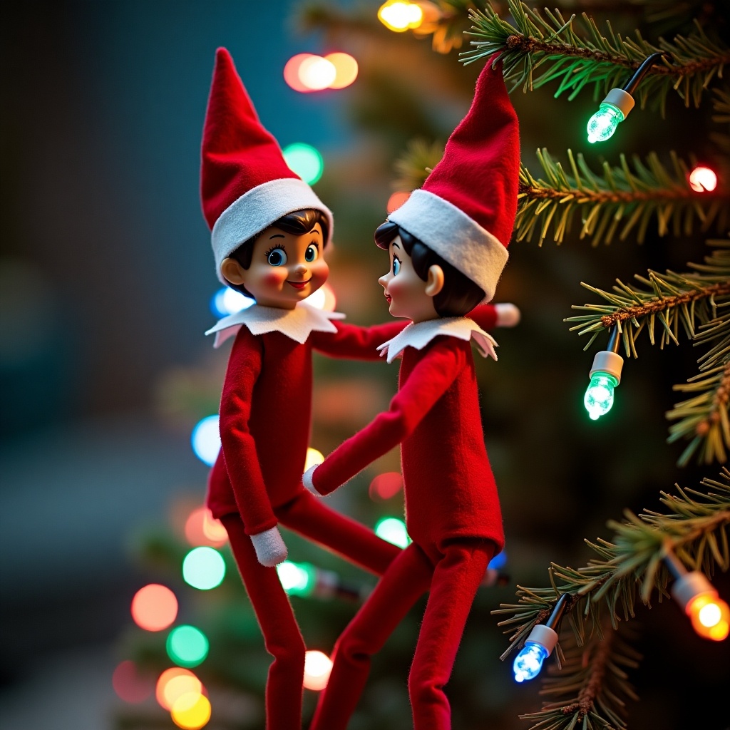 Two elves dressed in red and white climb and get tangled in colorful lights on a Christmas tree. Background features soft bokeh lights creating a festive atmosphere.