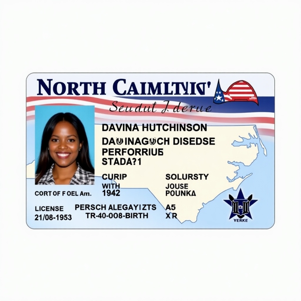 Image of a North Carolina license card. Highlights age as 71. Date of birth is 21/08/1953. Background shows a map of North Carolina. Card styled in government format. Contains colors blue, white, and red.