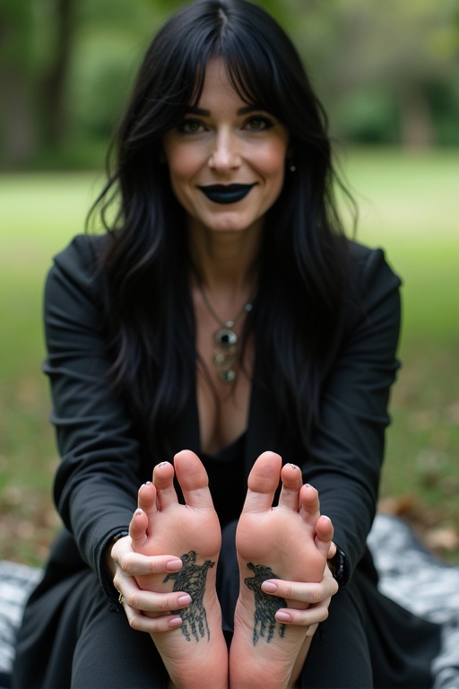 Mature goth woman with long black hair and black lips shows tattooed soles of her bare feet. She sits on a blanket outdoors and smiles.