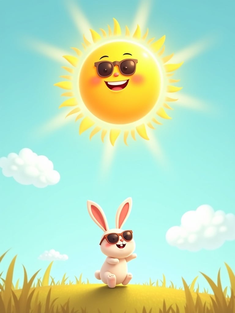 Image features a cheerful yellow sun named Sunny smiling and wearing sunglasses. Below, a cute small white bunny with big ears hops while looking up at Sunny with a smile. The scene has a bright blue sky with fluffy white clouds, creating a playful daytime atmosphere.