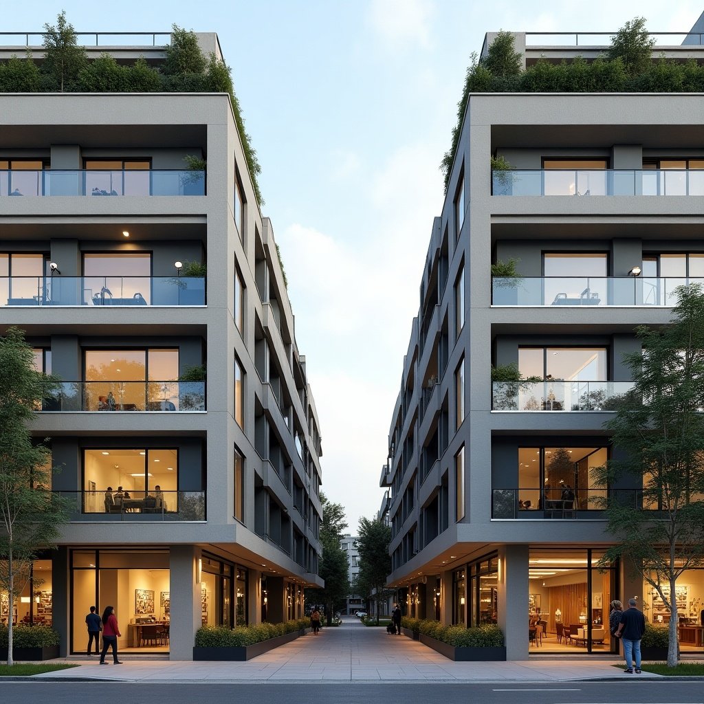 This image showcases a symmetrical view of modern apartment buildings, each four storeys high. The buildings are attached to each other, creating a sense of unity. The ground floor features commercial activities, with shops and cafes visible through large glass windows. Lush greenery adorns the balconies and rooftops, enhancing the aesthetic appeal. People can be seen walking on the sidewalk, indicating a lively urban atmosphere.