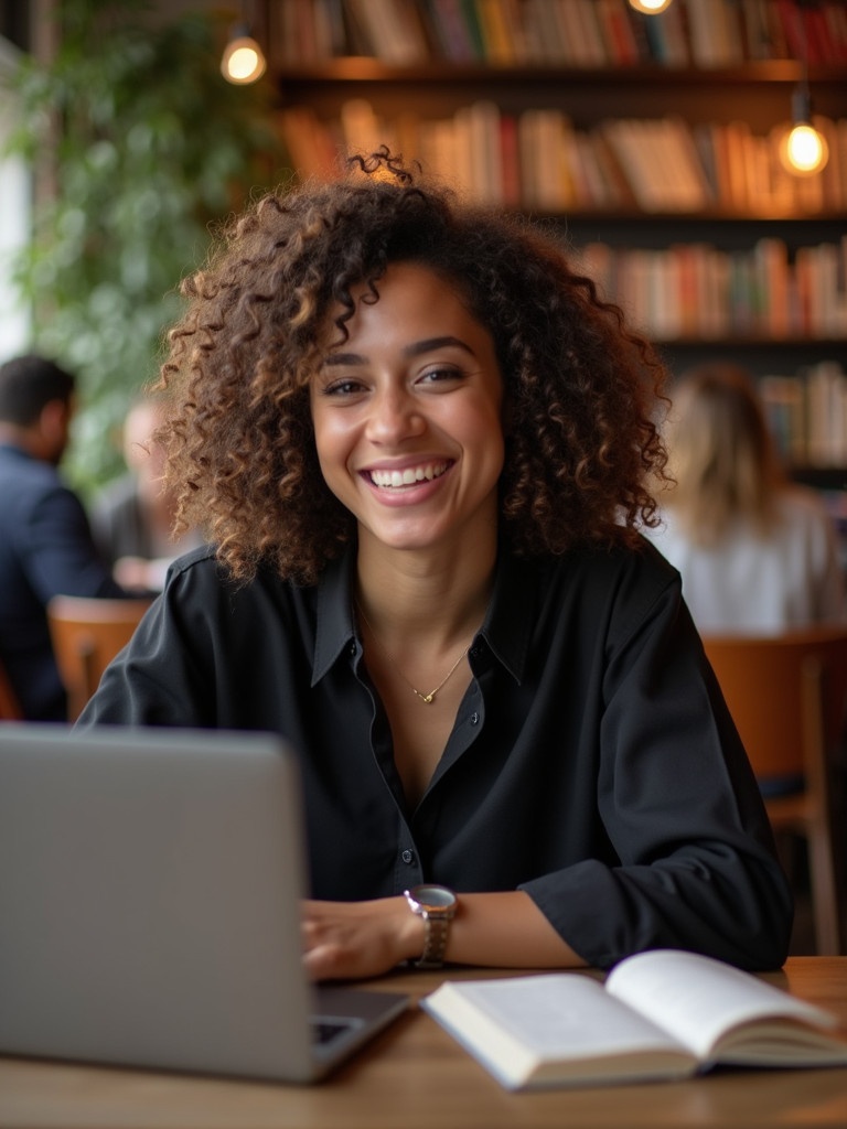 A joyful young woman sits in a cafe using her laptop. She wears a smart black shirt with curly hair. The scene is warm and inviting. The lighting is soft, and the furniture is cozy. The background has shelves of books and people working. The environment suggests productivity and comfort.