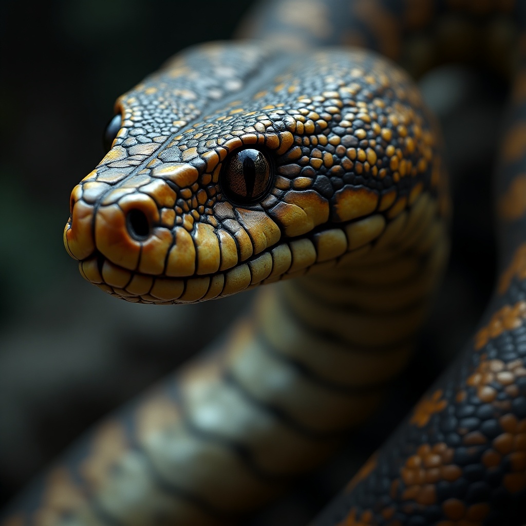 The image showcases a highly realistic close-up of a snake, focusing on its intricate scales and vivid colors. The snake features a beautifully patterned skin with shades of yellow, black, and orange. Its eyes are large and expressive, providing a captivating focal point. The body of the snake is coiled slightly, implying movement. The setting has a natural background, enhancing the wild appearance of the snake.