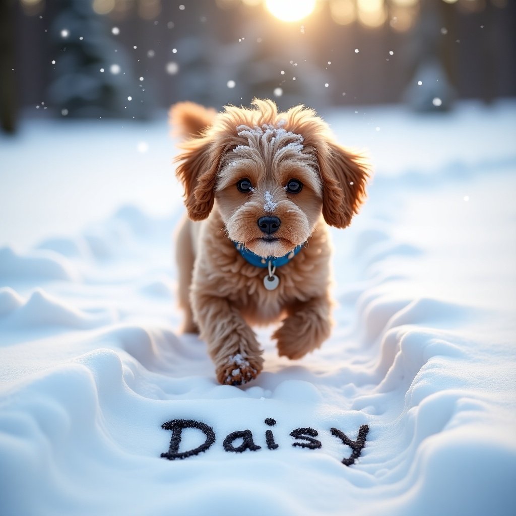 Cockapoo puppy running in snow. Puppy writing name Daisy in snow with paw prints. Soft light surrounding the puppy. Happy expression on puppy's face.