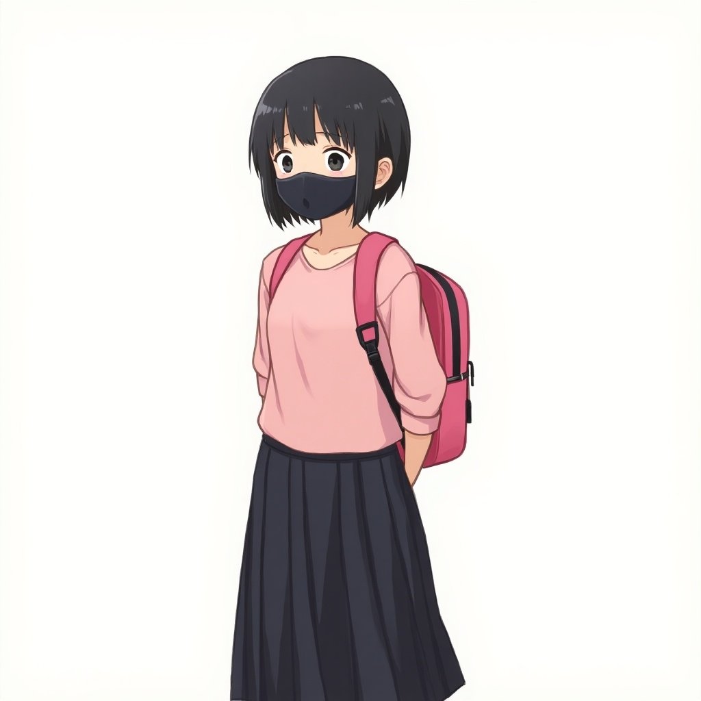 Illustration of a young girl with short dark hair. She wears a pink blouse and a long black pleated skirt. A pink backpack rests on her back. She stands casually with arms behind her.