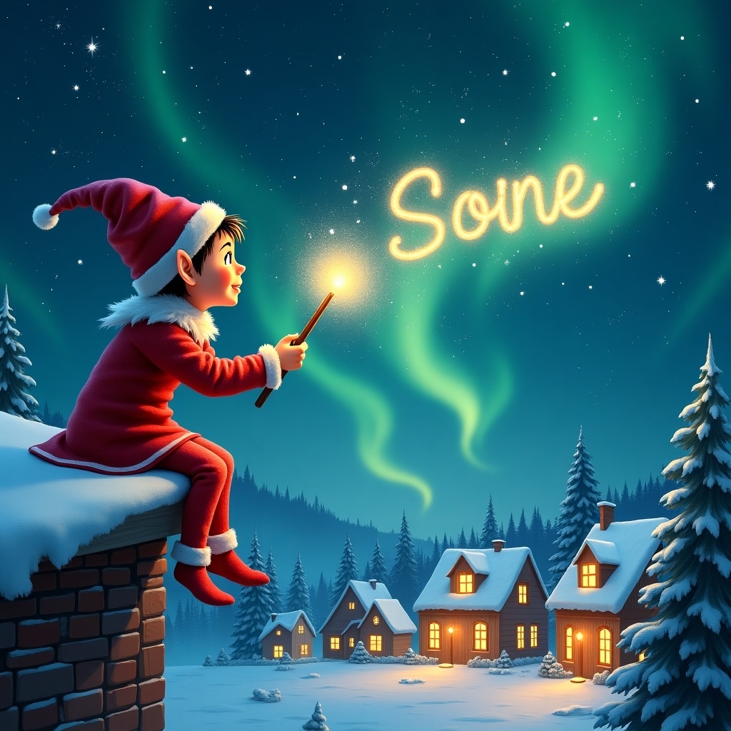 An elf dressed in red sits on a ledge during a magical night. The elf holds a wand, writing names in the sky with shimmering light. The snowy landscape below features houses and trees, illuminated by vibrant Northern Lights. The scene evokes childhood magic and Christmas spirit.