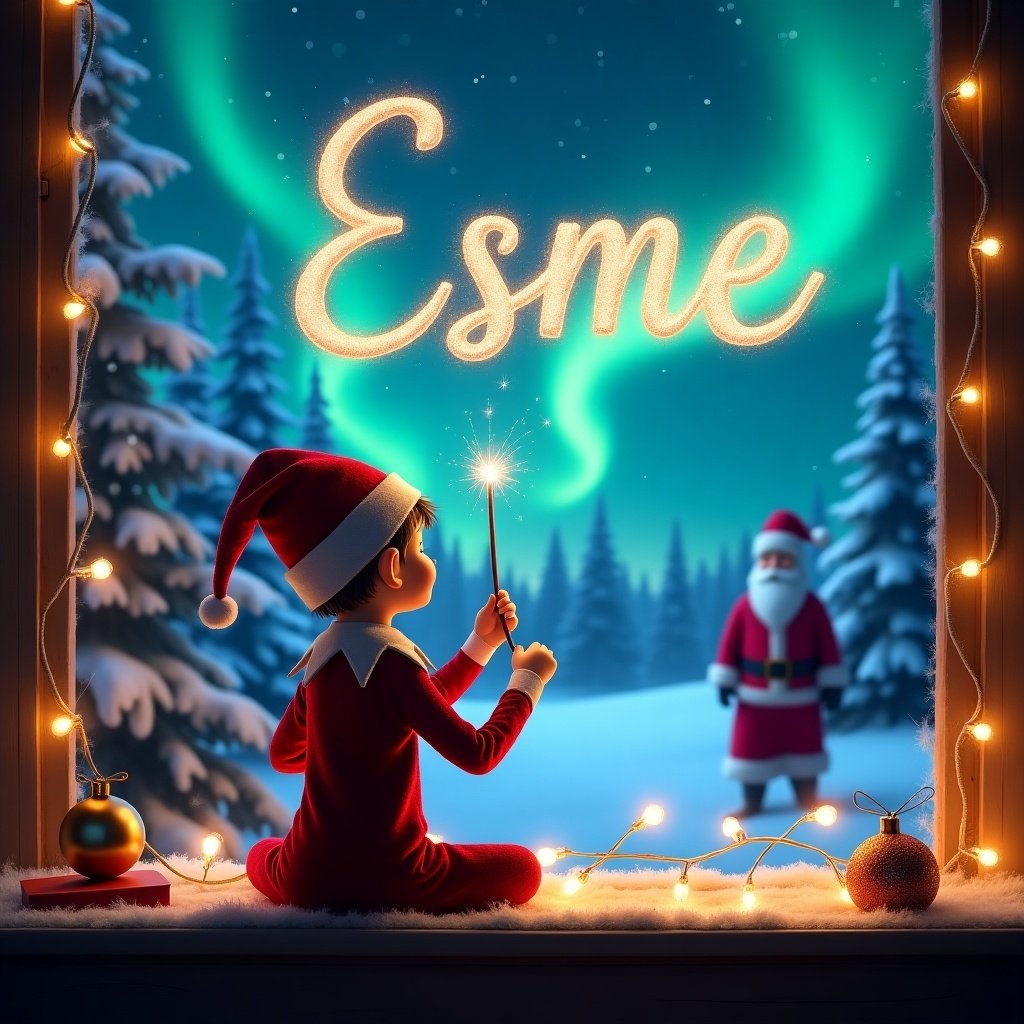 Magical Christmas night scene featuring an elf on the shelf. Elf has a wand and writes name in sparkling letters. Background features snow-covered trees and northern lights. Santa Claus visible in distance. Cozy decorations enhance festive vibe.