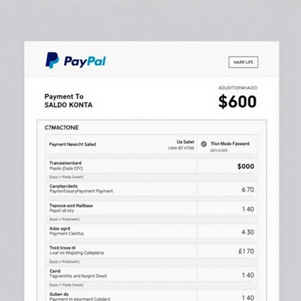 Image depicts a proof of payment document from PayPal showing a payment directed to saldo konta. Design features recognizable PayPal branding and clear layout with bold text. Completed transaction amount is $600.