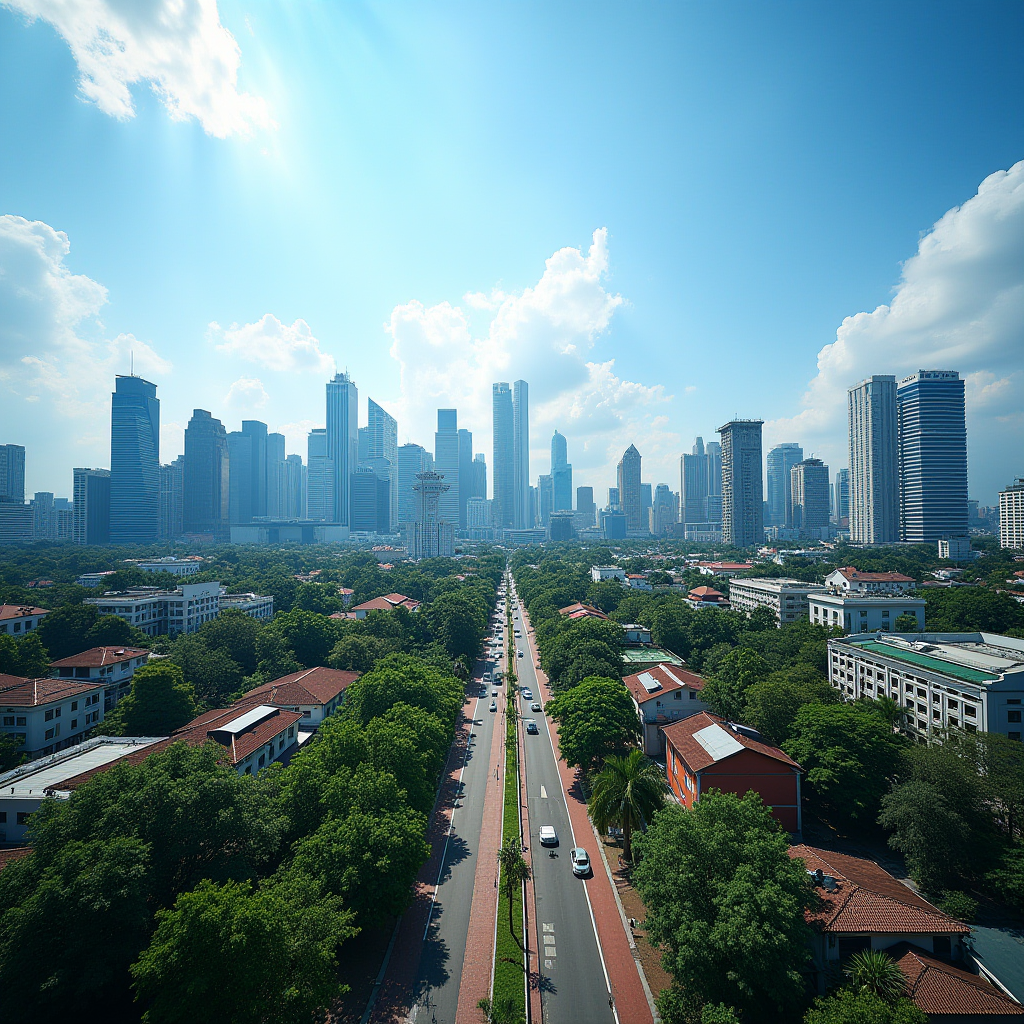 A bustling cityscape showcases a vibrant blend of green spaces and towering skyscrapers under a bright blue sky.