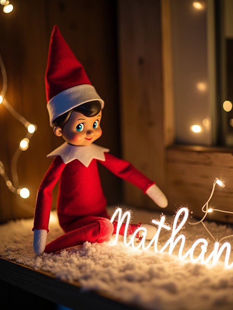 Boy Elf on the shelf with red shirt sitting in snow. Elf is writing 'Nathan' with lights in a cursive style. Magical scene of Christmas festivities.