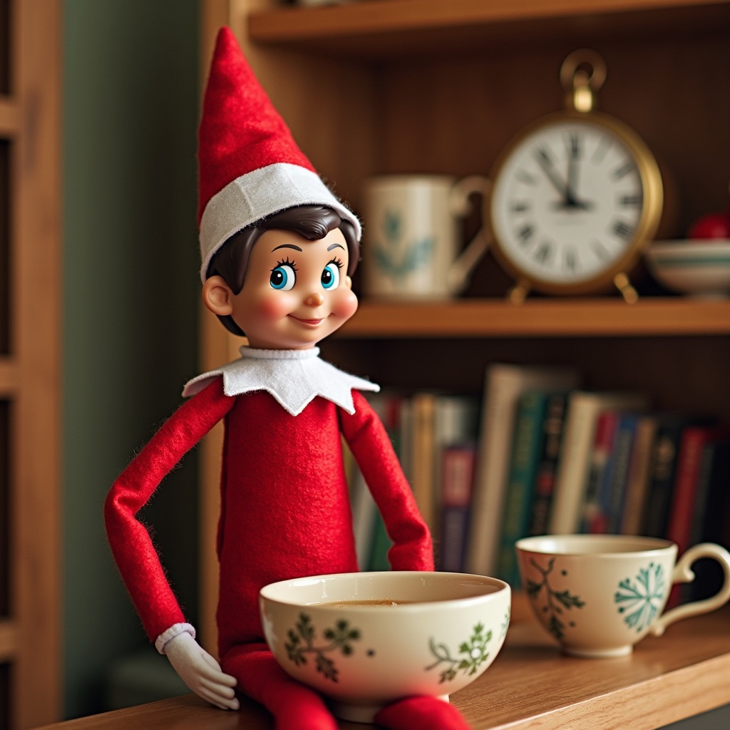 The image features a cheerful Elf on the Shelf doll sitting on a wooden table. The elf is dressed in a bright red outfit with a white collar and a playful expression. Two cups sit on the table, complementing the cozy setting. Behind the elf is a bookshelf filled with books, and a clock adds a classic touch. The scene evokes a warm and festive atmosphere, perfect for celebrating the holiday season.