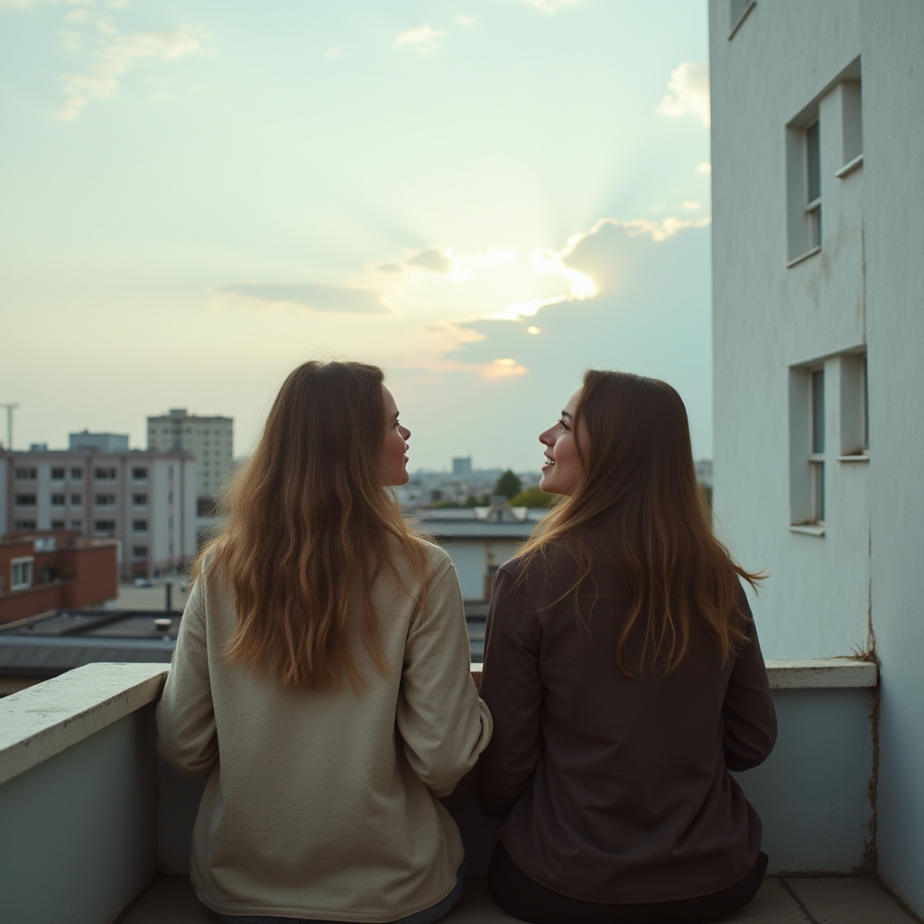 Two people enjoying a serene rooftop view during sunset.