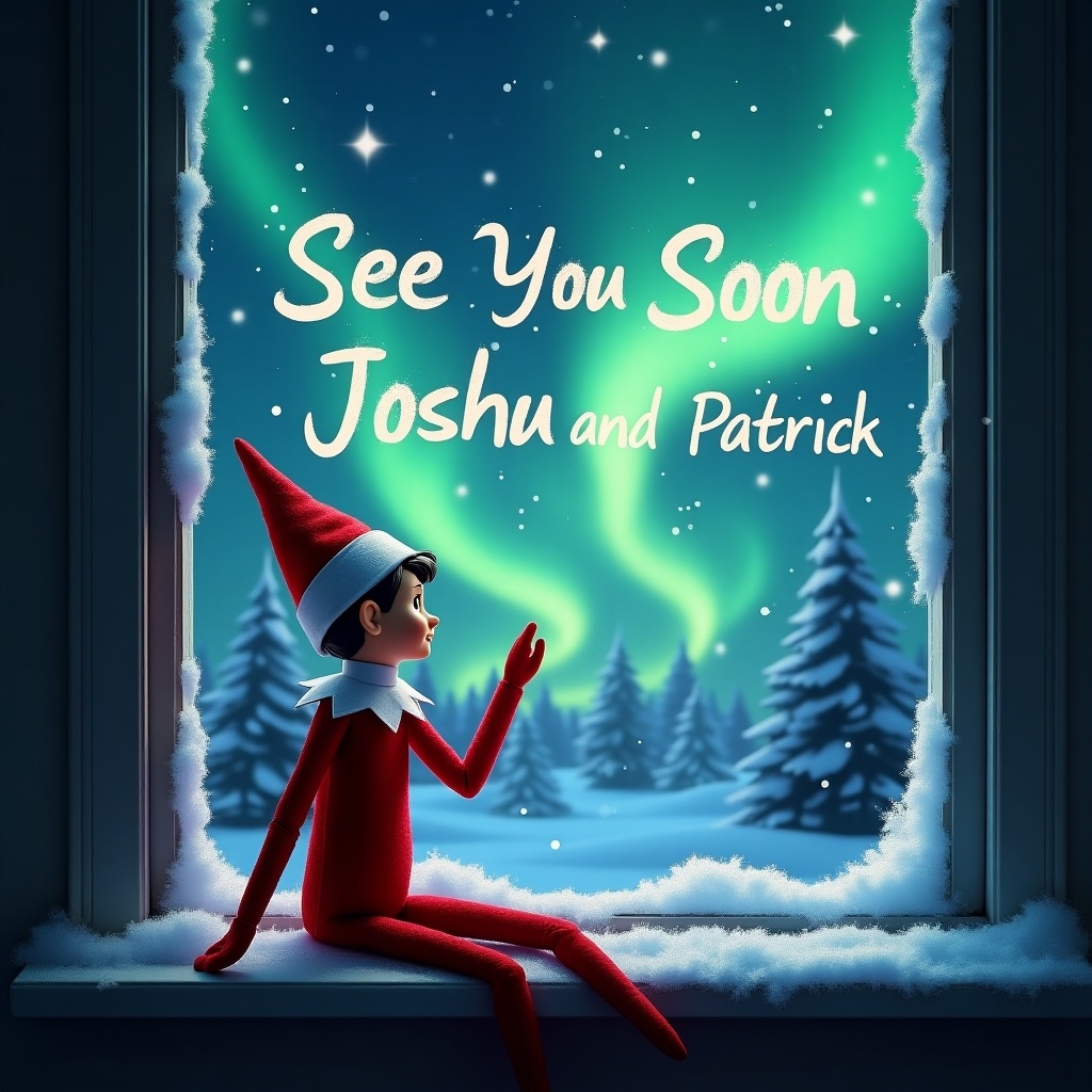 This image features a cheerful elf character sitting on the windowsill. The elf is looking out at a breathtaking view of the northern lights shining in the sky. The words 'See You Soon Joshua and Patrick' are playfully written in the sky above. Snow-covered trees are visible outside the window. Soft, serene lighting fills the room, creating a magical holiday atmosphere.