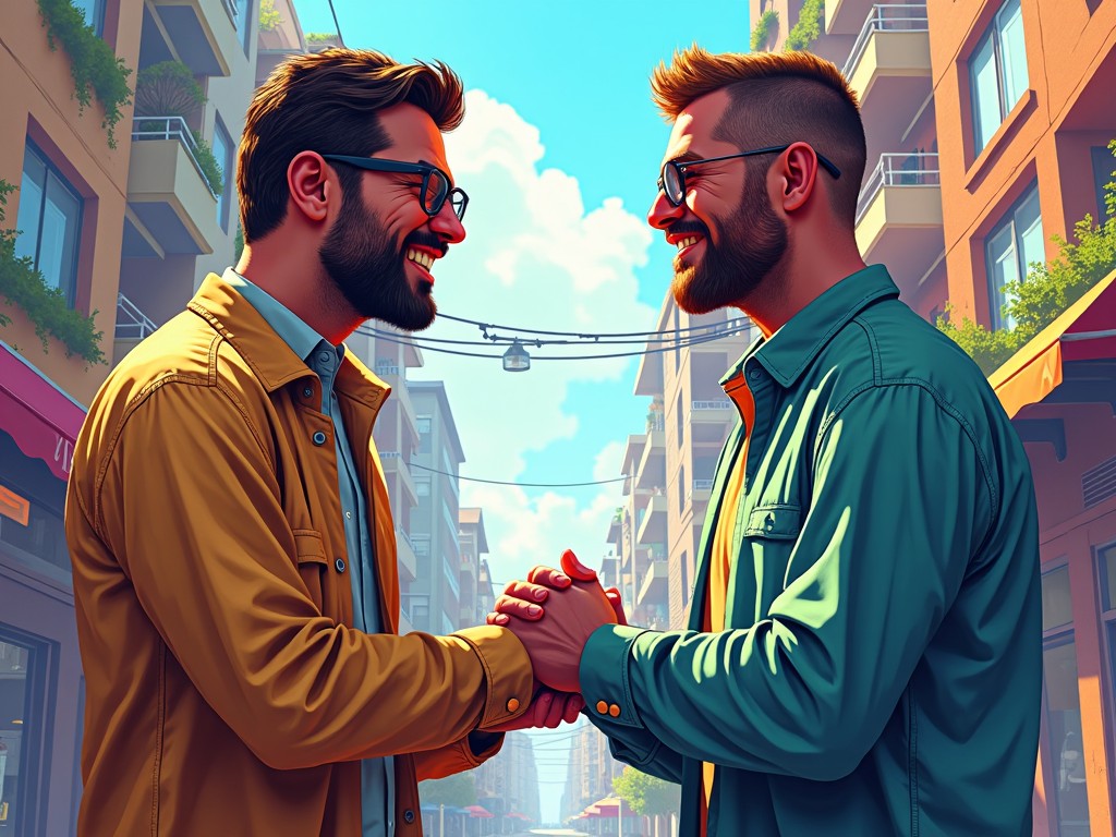 Two friends shaking hands in a lively city street, surrounded by buildings and greenery, under a bright blue sky.