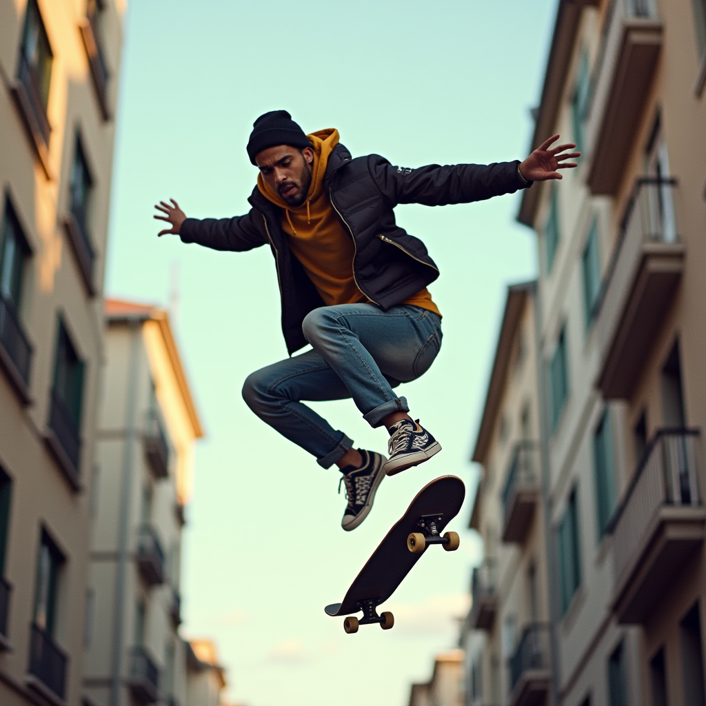 A person skateboards mid-air between city buildings.