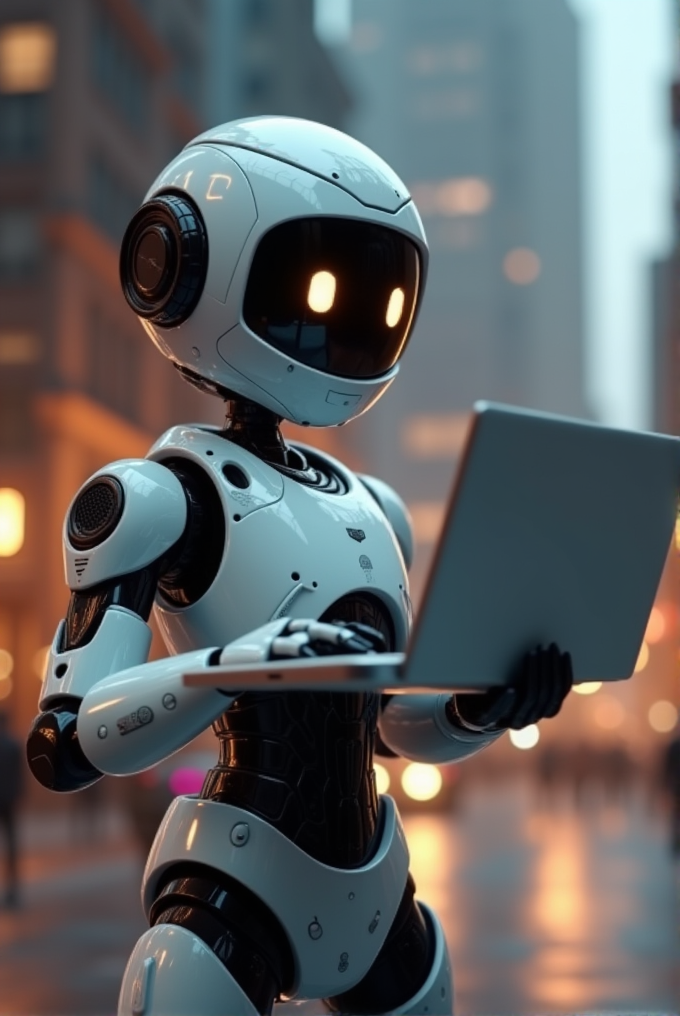 A futuristic robot with glowing eyes holding a laptop in an urban setting.