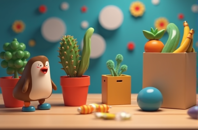 A playful scene featuring a cute penguin figurine amidst potted plants, fruits, and colorful objects.