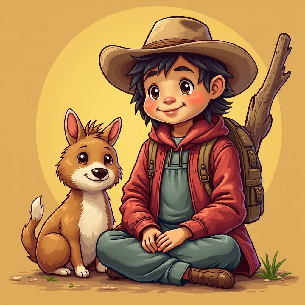 Cartoon illustration of a character sitting on the ground with a dog. The character wears a hat and is casually dressed. The dog is friendly and cartoonish. The background is warm and inviting.