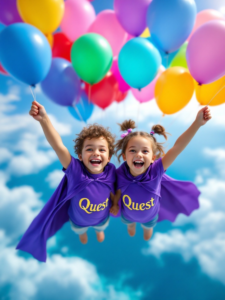 Two joyful kids float with colorful balloons over a sunny sky. One is a boy wearing a purple cape. The other is a girl also in a purple cape. Both wear shirts with the word Quest in gold. They are surrounded by a blue sky and fluffy clouds.