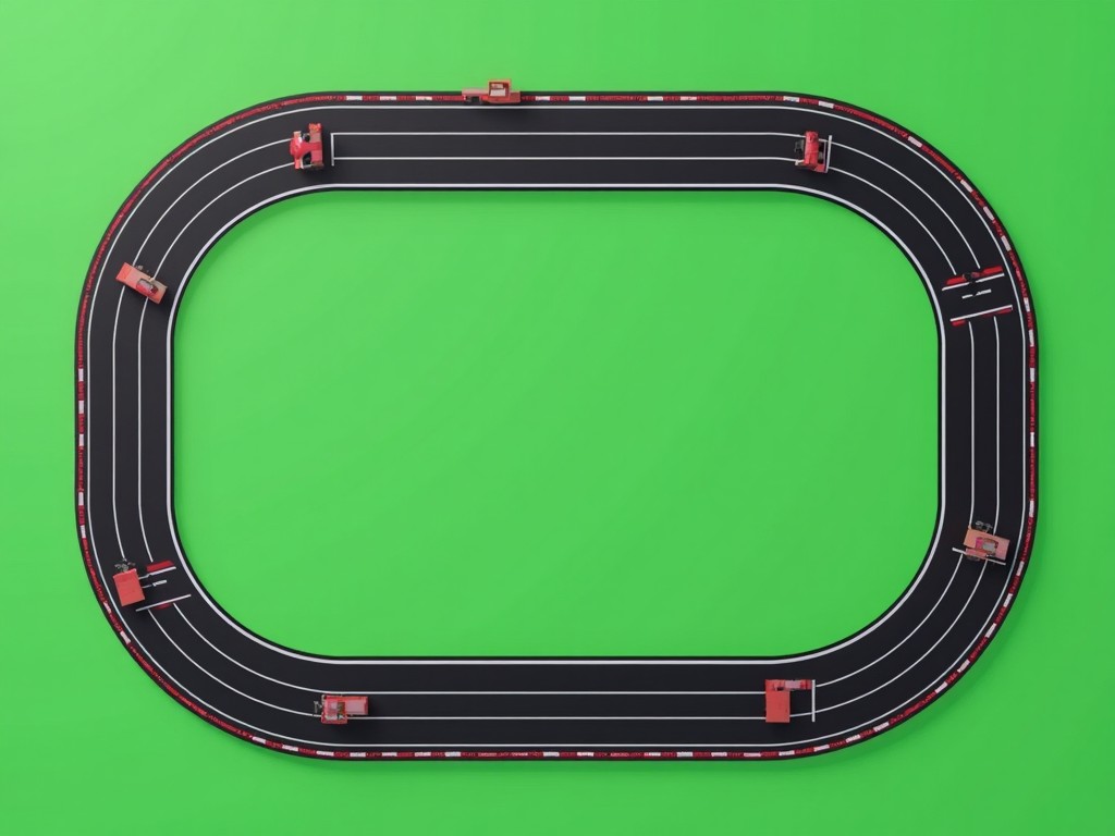 This image features a top-down view of a race track designed with only two colors: vibrant green and deep black. The race track is neatly drawn in a circular shape, resembling a miniature racing circuit. Toy cars are placed along the track to give the impression of a racing scene. The stark contrast between the green background and the black track emphasizes the simplicity of the design. This image could be ideal for educational purposes, toy advertisements, or event promotions related to racing.