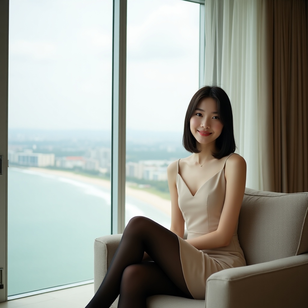 A woman in her 20s in a luxury hotel room with a beach view. She wears a tight beige dress and black pantyhose. The room has large windows letting in natural light.