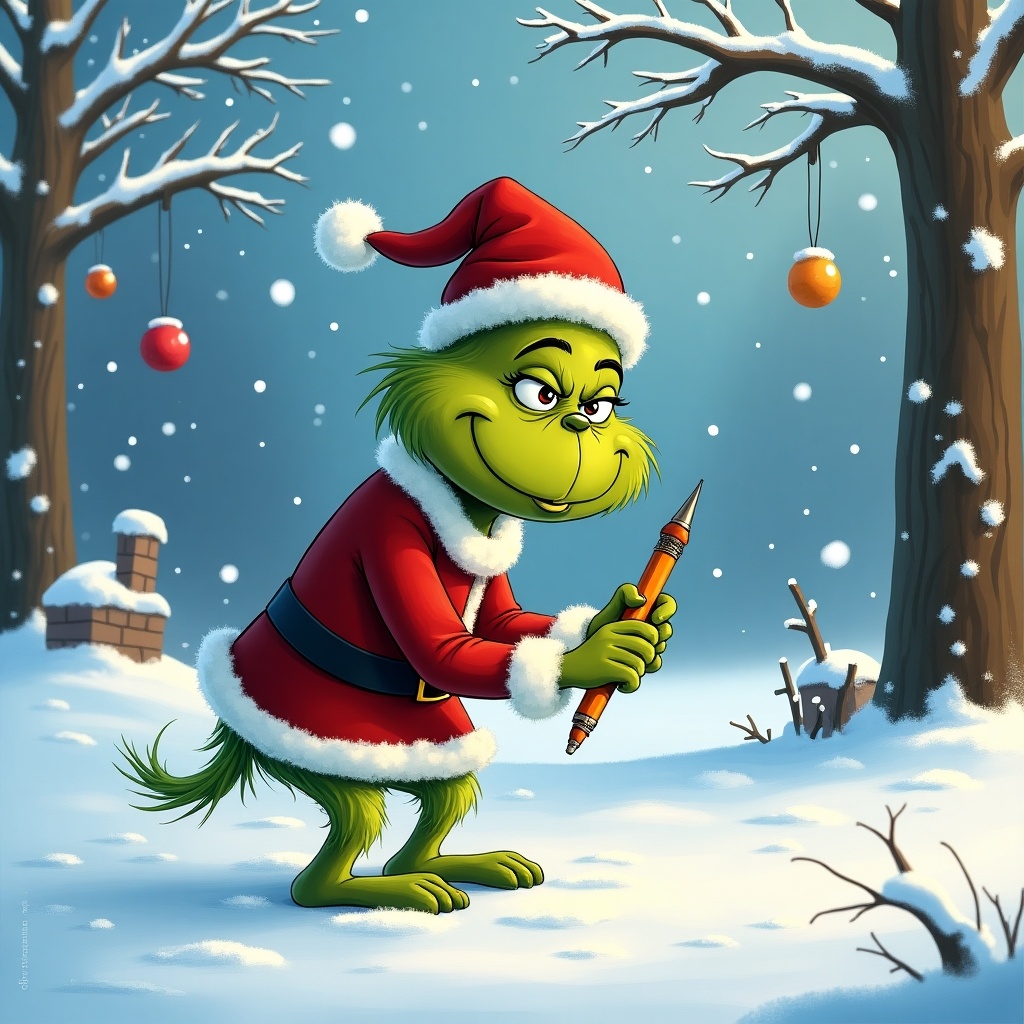 The Grinch in a Santa outfit writing in the snow. Snow-covered background with trees. Christmas decorations on trees.