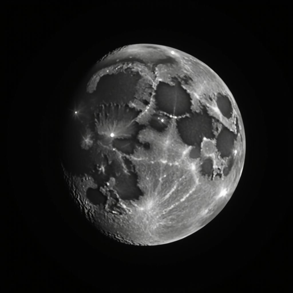 A detailed black and white image of the moon with bright star-like highlights scattered across its craters and surface.