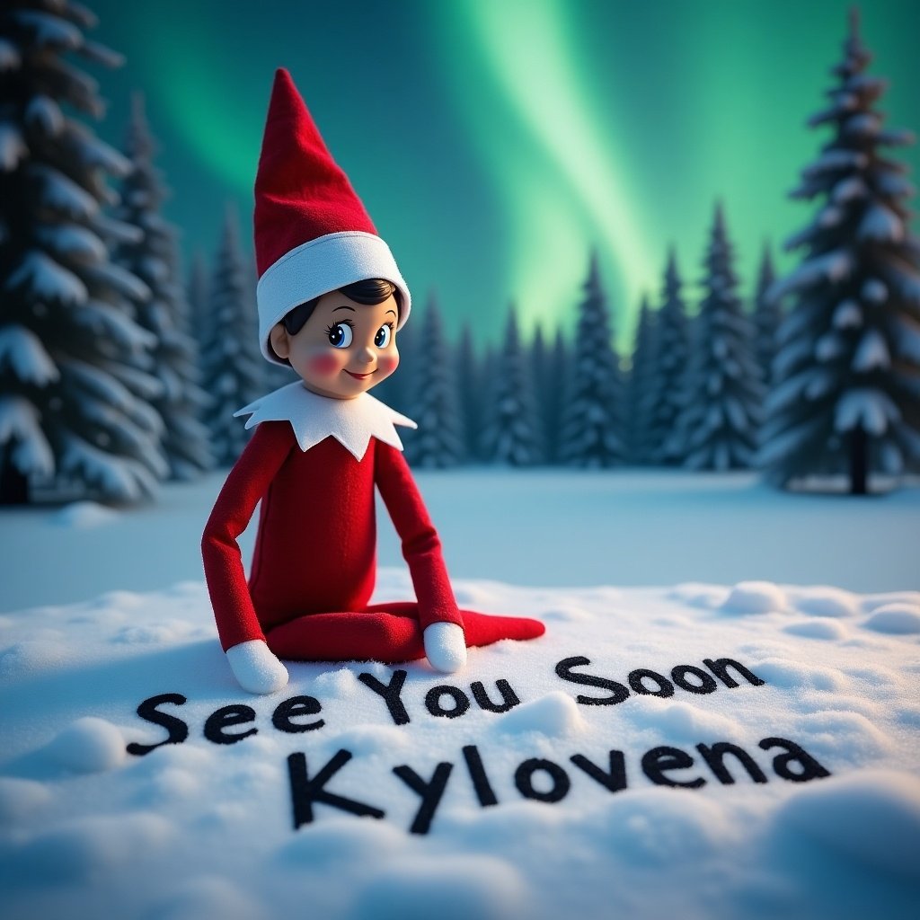 An elf on the shelf is writing in the snow. The words 'See You Soon Kylovena' are visible in the pristine snow. The elf sports a red outfit with white trim and has a friendly smile. In the background, mesmerizing northern lights illuminate the winter landscape. The scene captures the charm and magic of the holiday season, evoking feelings of joy and anticipation.