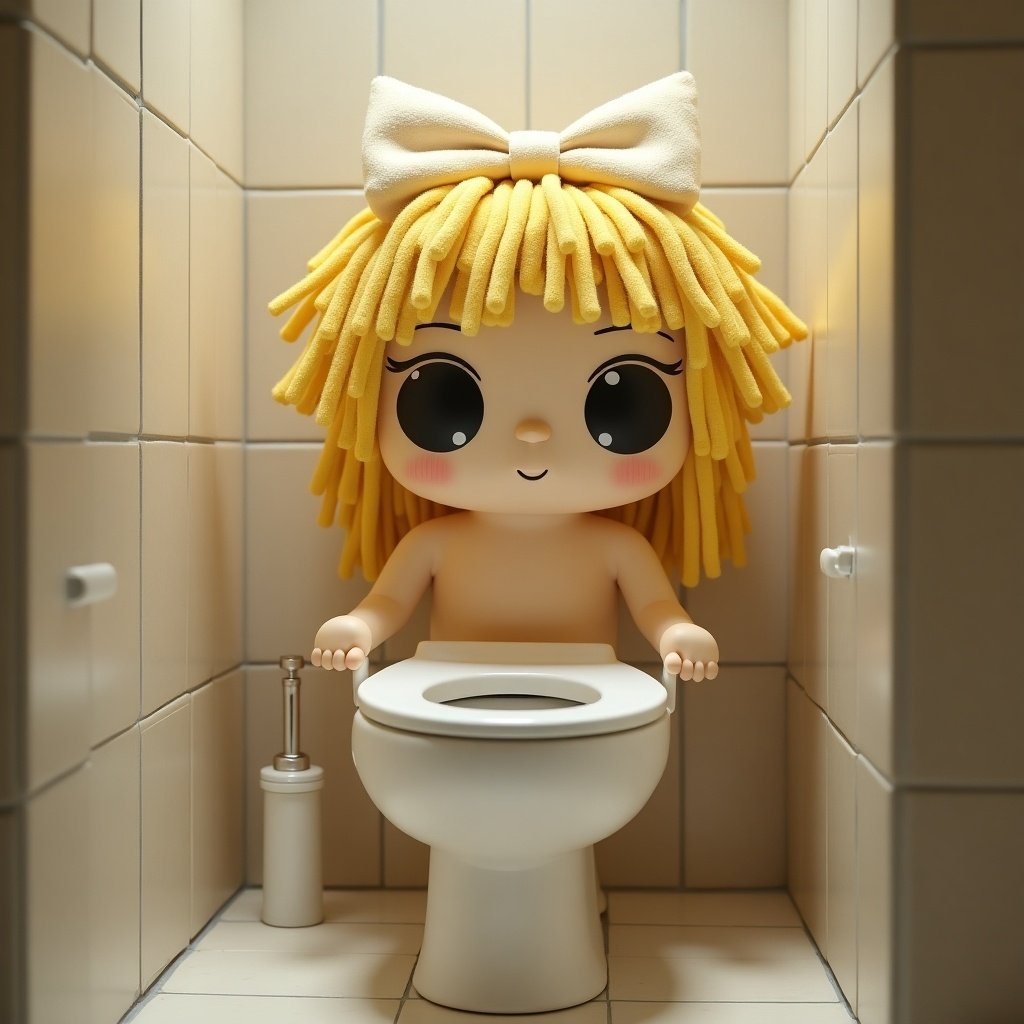 Doll character in a bathroom setting. Character has vibrant yellow hair styled with large bow. Character has big black eyes and appears playful. Positioned on a toilet.