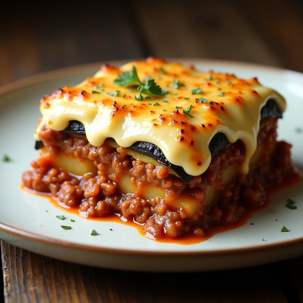 Moussaka layered with eggplant and potato topped with minced meat and creamy béchamel sauce with melted cheese