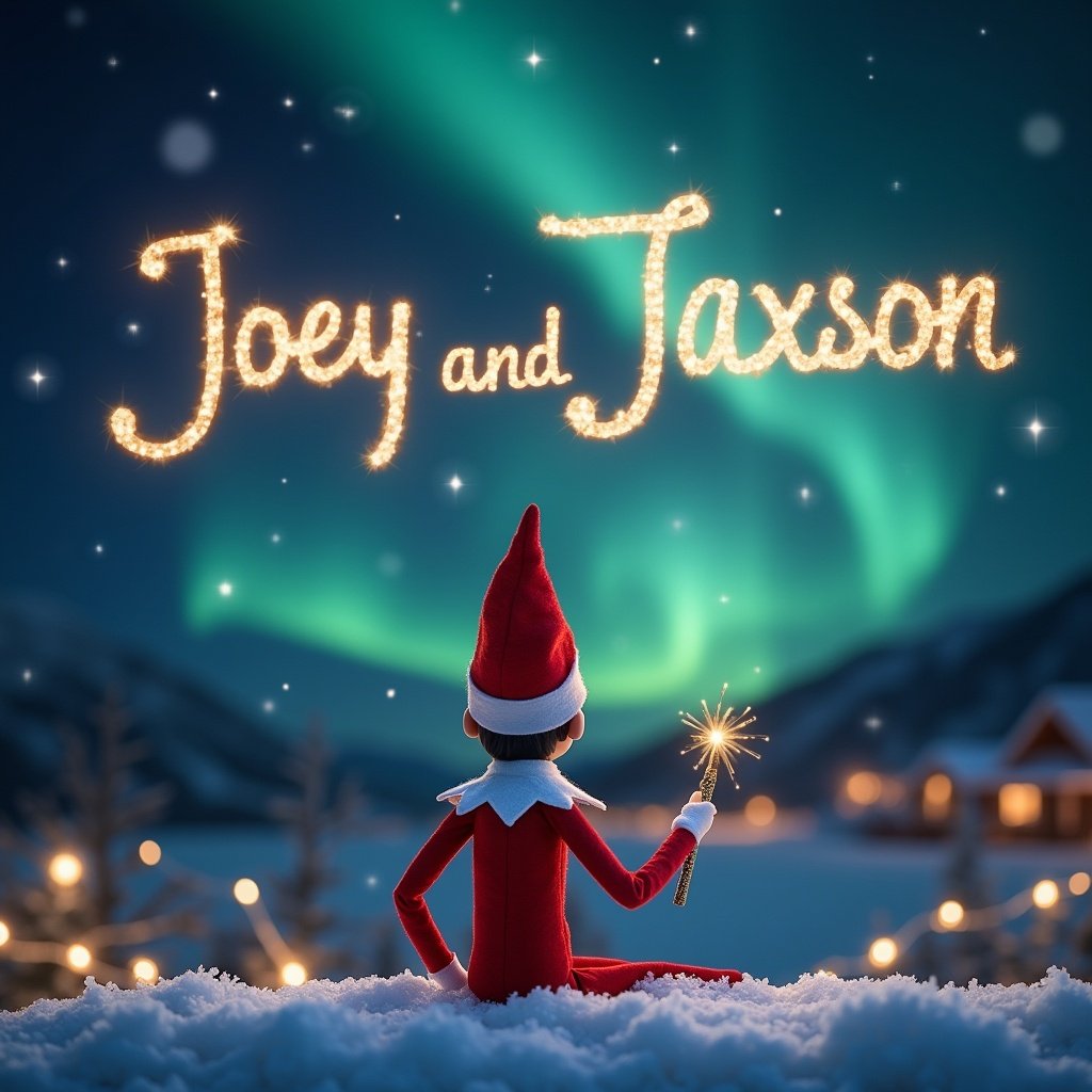 Elf on the shelf faces the sky. Using a magic wand to write names in the sky. Background features beautiful northern lights. Snowy ground adds serenity. The scene conveys holiday joy and magic.