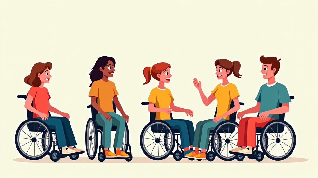 A cartoon illustration features a group of people in wheelchairs. There are both males and females represented. The style is comic and flat vector. Characters have diverse hair colors and styles. They are depicted in a light-hearted manner. Characters exude a feeling of friendship and camaraderie while interacting.