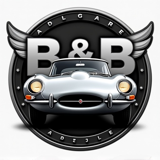 Logo for B&B Automobiles features a silver Jaguar E-Type in front of mirrored B letters. Stylish and modern design with chrome and black colors. The car has its headlights on. Background is simple to emphasize the logo.